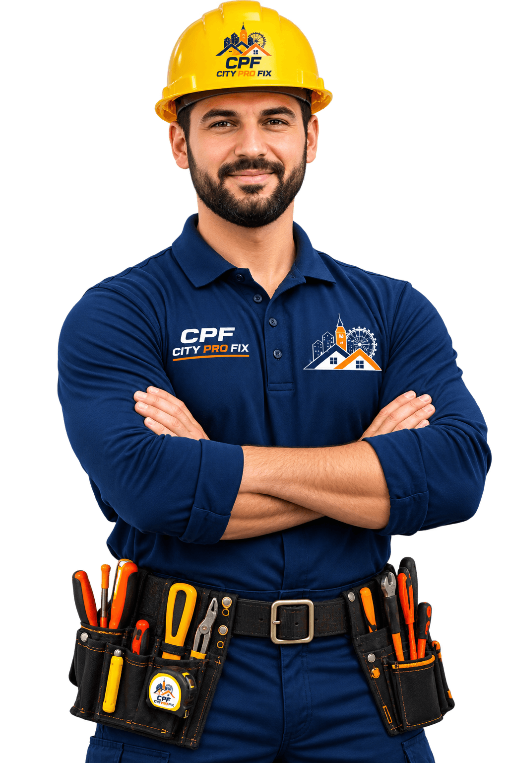 City Pro Fix tradesman in navy workwear and a yellow hard hat