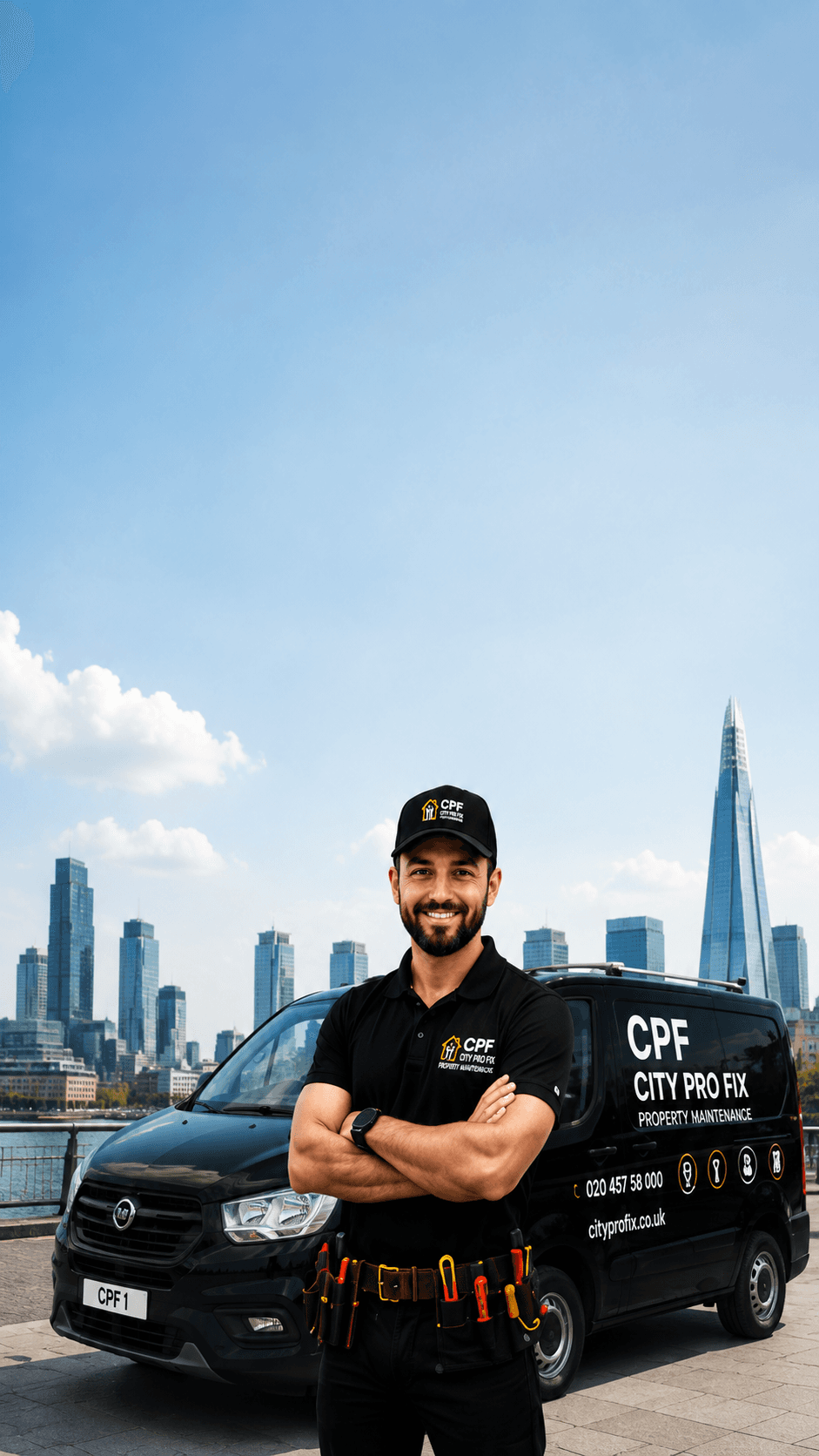 City Pro Fix engineer beside a branded service van with the London skyline behind him