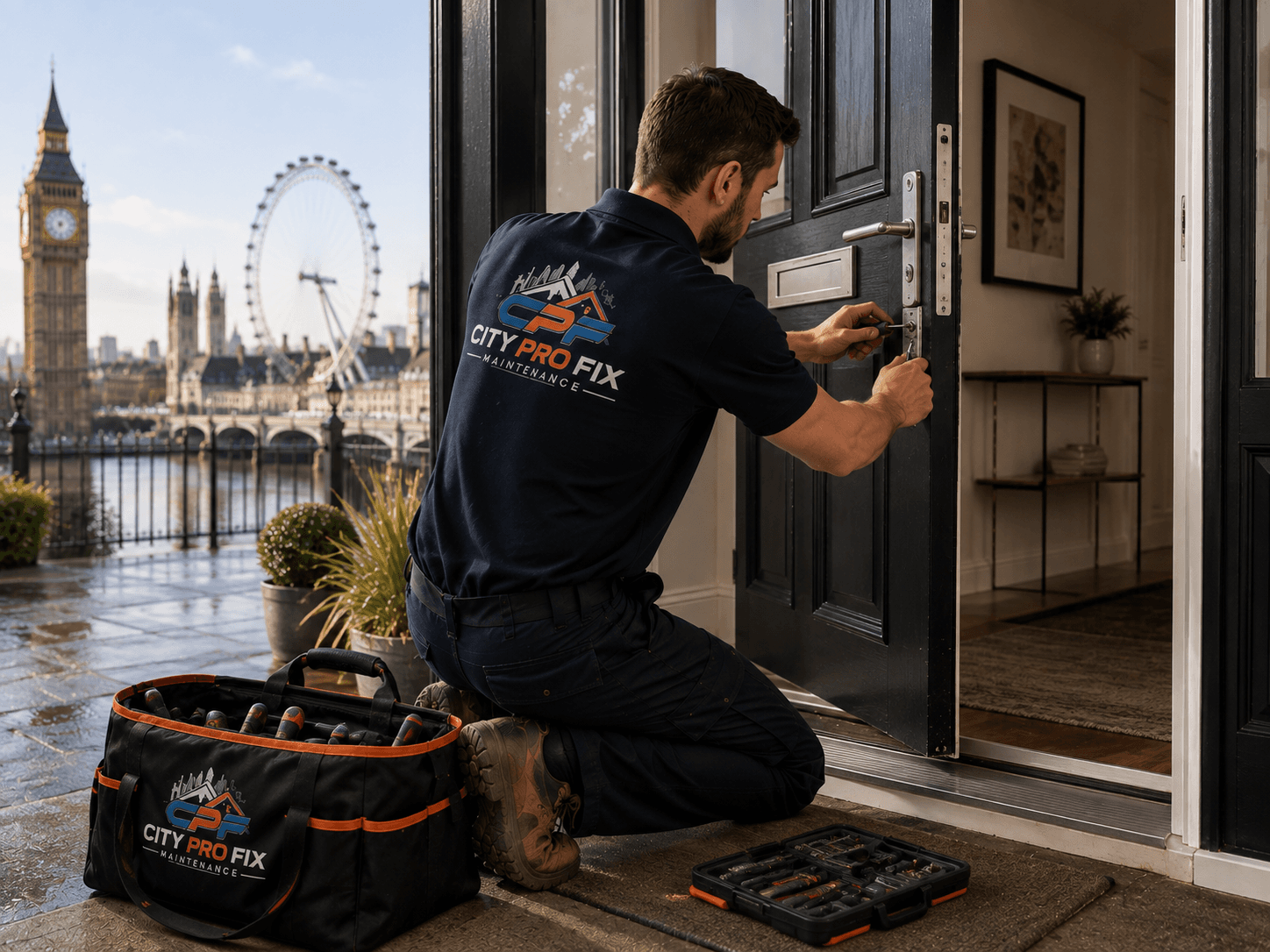 City Pro Fix technician repairing a residential door lock