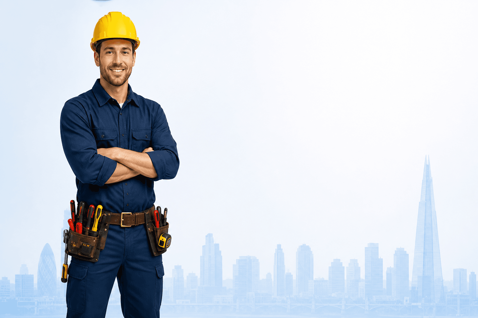 Property maintenance tradesman in navy workwear and yellow hard hat