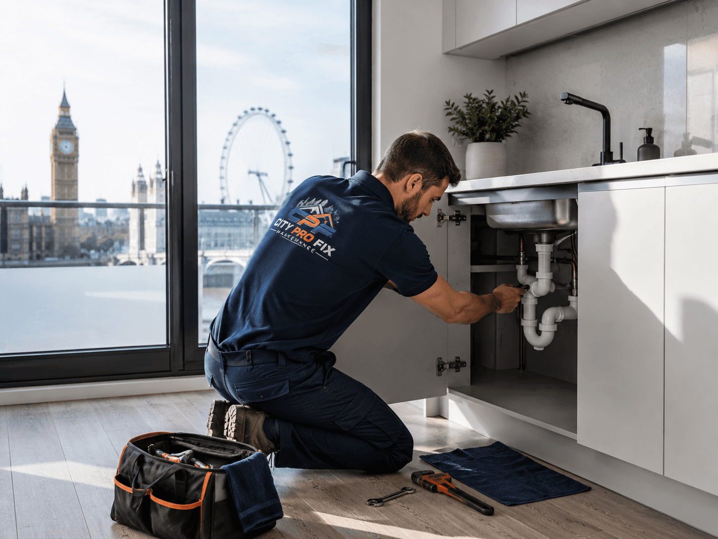 City Pro Fix plumbing technician working beneath a kitchen sink