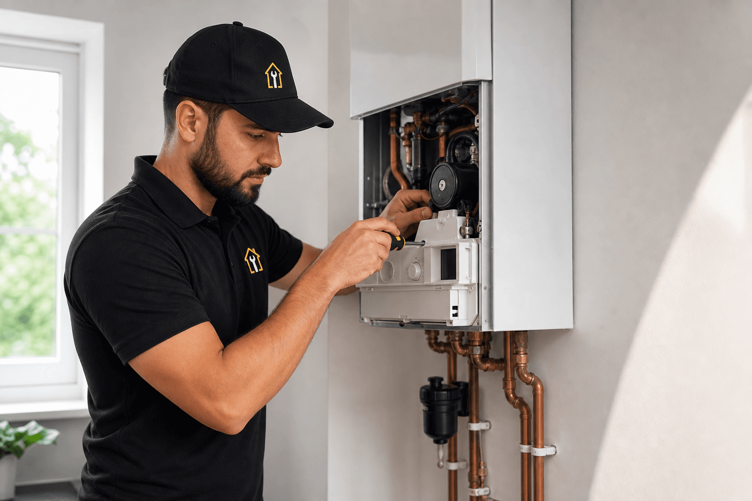 City Pro Fix heating technician inspecting a domestic boiler