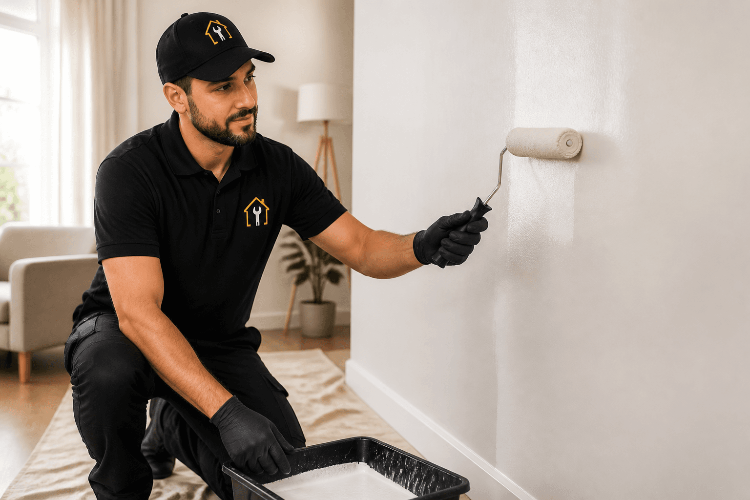 City Pro Fix decorator preparing and painting an interior wall